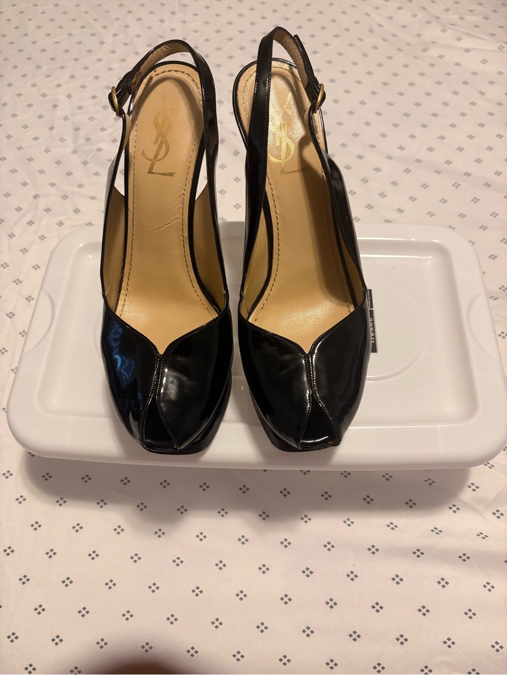 Saint Laurent Black Patent Peep-Toe Slingback Heels